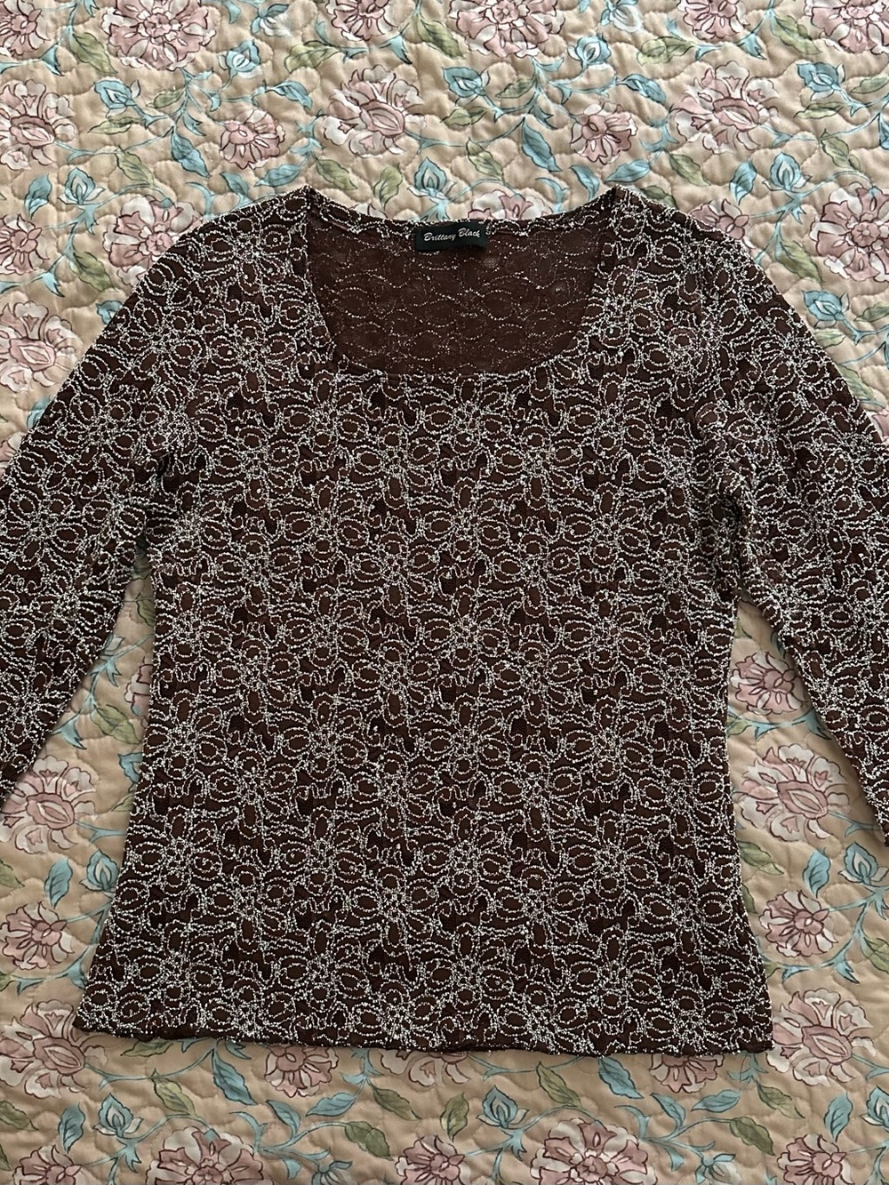 Vintage Brittany Black Brown Floral Print Shimmer Women’s Top